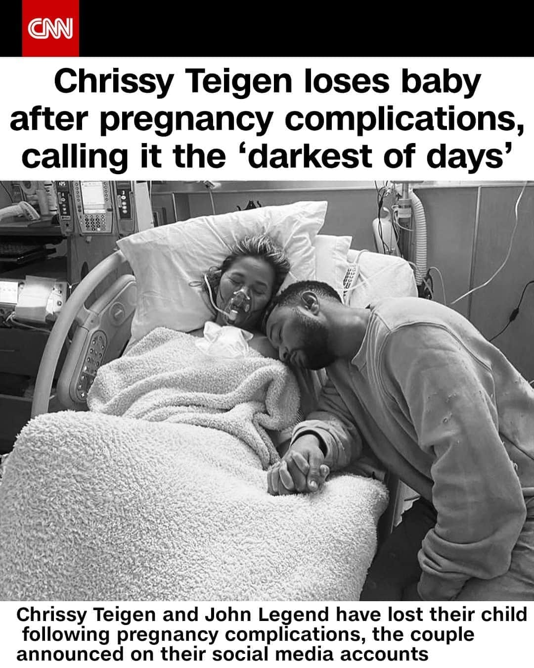 CNNさんのインスタグラム写真 - (CNNInstagram)「"We are shocked and in the kind of deep pain you only hear about, the kind of pain we've never felt before," Chrissy Teigen posted on Instagram after her and John Legend lost their baby boy following pregnancy complications. According to the American Pregnancy Association, miscarriage occurs in 10% to 25% of known pregnancies. Teigen spoke openly about the loss on social media. “On this darkest of days, we will grieve, we will cry our eyes out.” Teigen has been open about her struggles getting pregnant in the past. ⁠ (📸: @chrissyteigen/ Instagram)」10月2日 3時45分 - cnn