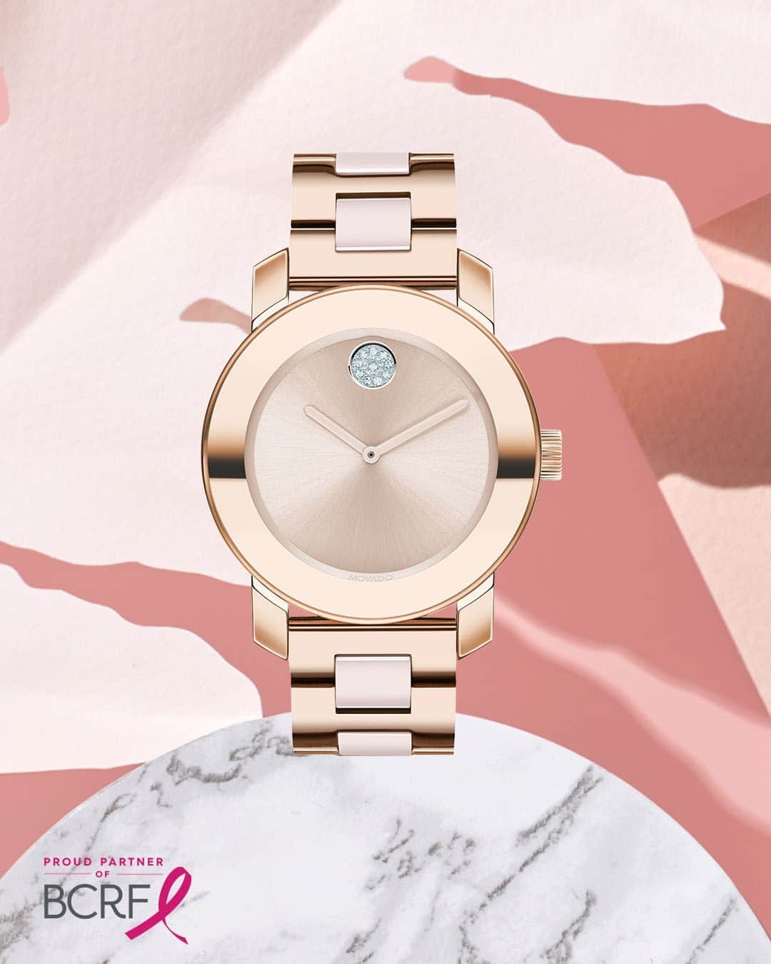 モバードのインスタグラム：「Shop with purpose, $50 from each pink toned Bold watch will be donated to @bcrfcure.  Be bold and think pink. #MovadoBold」
