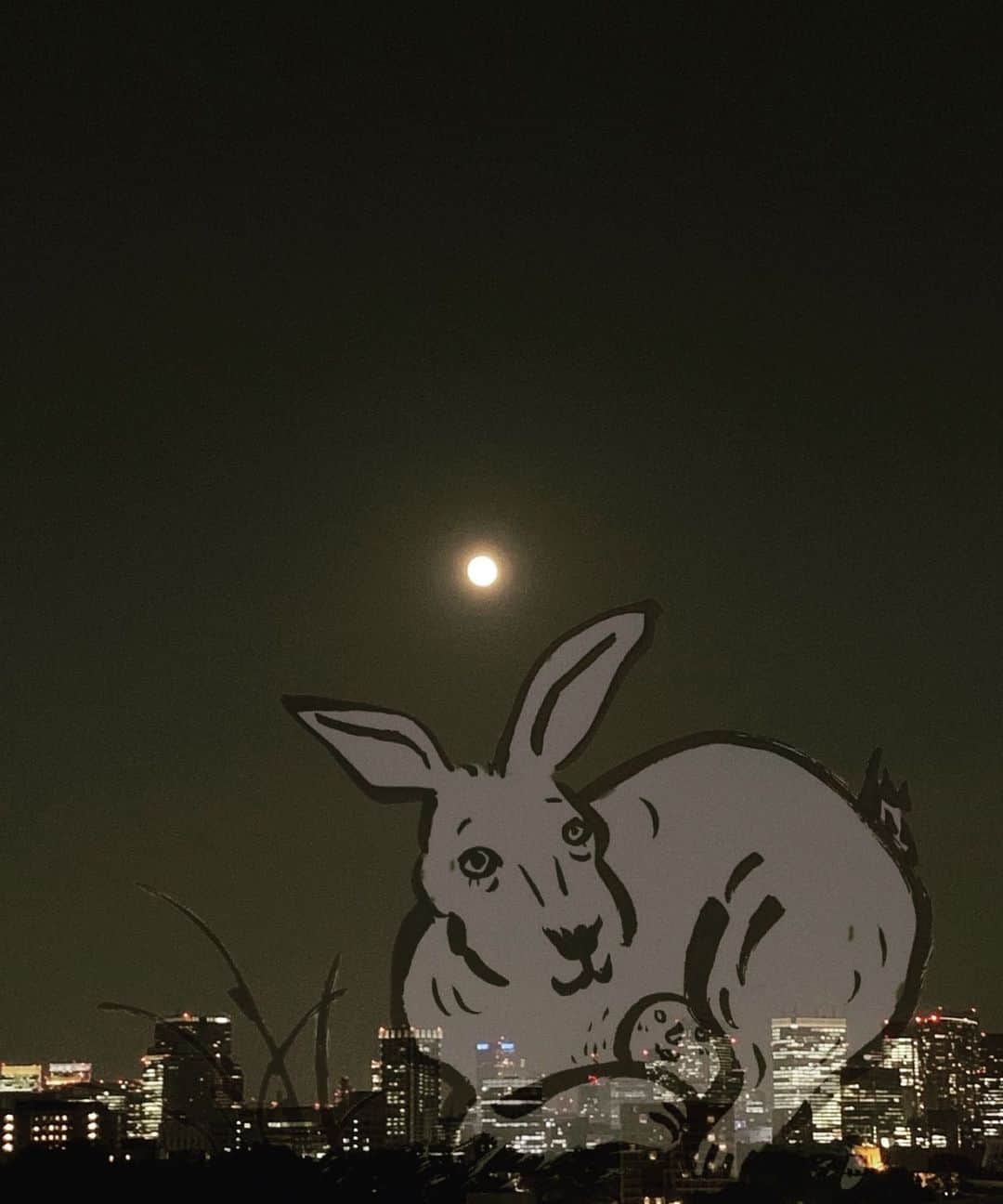 たむらぱんのインスタグラム：「10月🌕October らぱん登場。 そして今夜は中秋の名月。日本では兎がそっと見えるかもしれません。ビルの森にも木の森にも、そちらも見えていますかー . . . #10月#october  #中秋の名月#fullmoon  #HarvestMoon」