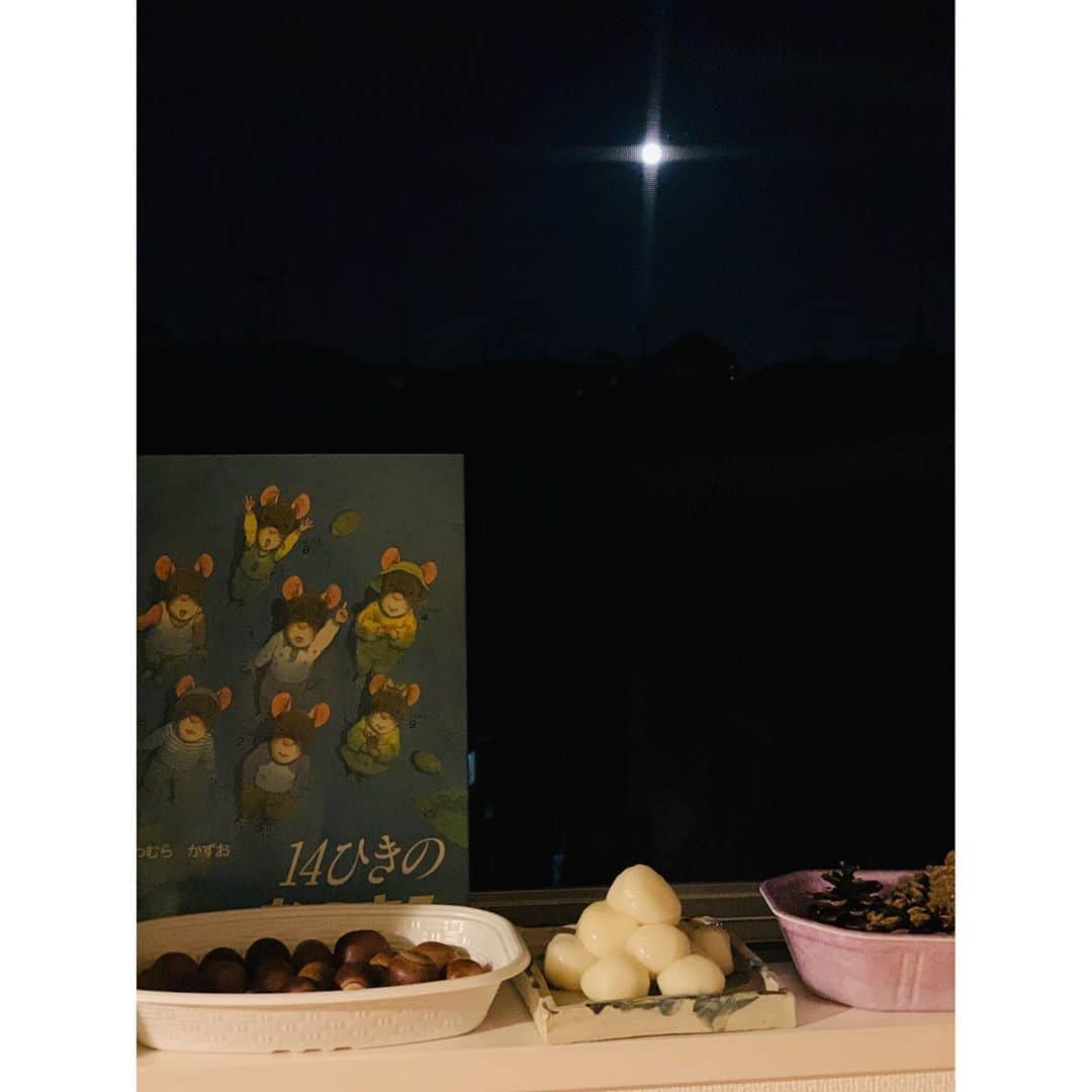 のインスタグラム：「きれいなお月さまですね🌝  毎晩読んでいた14ひきのおつきみの本と共に、二段ベッドの上からお月見。何となくお月見台の気分☺️  👧「お月さま、ママが長生きできますように。かわいくなりますように。」と手を合わせてた娘にキュン。 #中秋の名月 #お月見 #14ひきのおつきみ #子どものいる暮らし #4歳　#7歳」