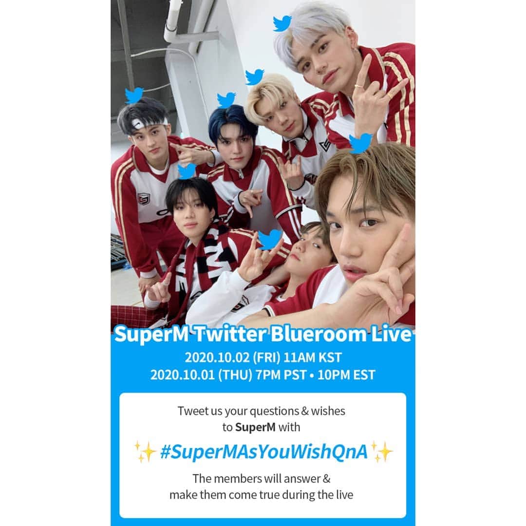 SuperMのインスタグラム：「#SuperMAsYouWishQnA  SuperM이 여러분의 소원과 질문에 응해드립니다! 🧞 SuperM will answer your questions & make your wish come true! 🧞  Twitter Blueroom LIVE  🗓OCT. 2 (11AM KST) 🗓OCT. 1 (7PM PST) / 10PM EST)  멤버 중 S-Man🕵 한 명을 추리해보세요! Guess who the S-Man🕵 is!   #SuperM #SuperOne #One #Monster_Infinity #WeAreTheFuture #SuperMtheFuture」