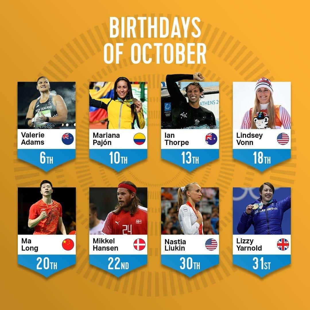 オリンピックチャンネルさんのインスタグラム写真 - (オリンピックチャンネルInstagram)「Hello October! 👋  Many Olympians are celebrating their birthdays this month. Do you share yours with any of them? 🎂」10月1日 22時00分 - olympicchannel_x