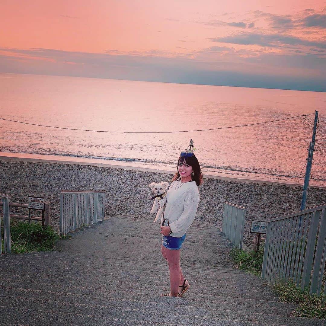 のインスタグラム：「葉山での夕暮れ✨ ✴︎ ✴︎ マジックアワーは、 ✴︎ ✴︎ 神様からのプレゼントだね🎁 ✴︎ ✴︎ #大浜海岸 #葉山生活 #sunsetbeach  #愛犬とお出かけ」