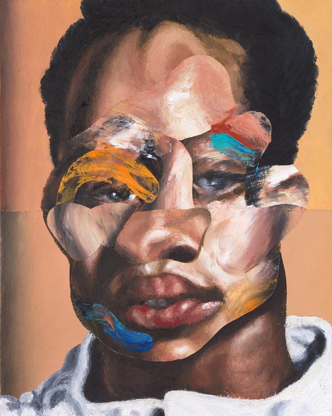 のインスタグラム：「#NathanielMaryQuinn: "I have always been interested in the ways that different groups of people view one another: how they internalize their own identities, how others perceive them, and how their own self-perceptions are physically expressed. Working with portraiture during this tumultuous and historic time, as we reckon with racial discrimination and violence in the midst of a global pandemic, requires me to consider these perceptions in an entirely new way." —Nathaniel Mary Quinn  A presentation of new works by Nathaniel Mary Quinn is now open today at Gagosian, Davies Street, London. On view is a selection of paintings, as well as "Three Months In" (2020), the artist's largest work on paper to date. With its wide plate glass window, this storefront exhibition space will act as the artist’s “solo booth” for Frieze London, while the "Gagosian Quarterly" online will present a time-lapse video documenting him making one of the exhibited paintings earlier this year, with added commentary from the artist about his process.  A suite of charcoal-on-paper “enhanced performance drawings” will premiere on the Gagosian website and in the Frieze Viewing Room on October 7. Follow the link in our bio to learn more. __________ #Gagosian @nathanielmaryquinn Nathaniel Mary Quinn, "Lunch," 2020 © Nathaniel Mary Quinn」