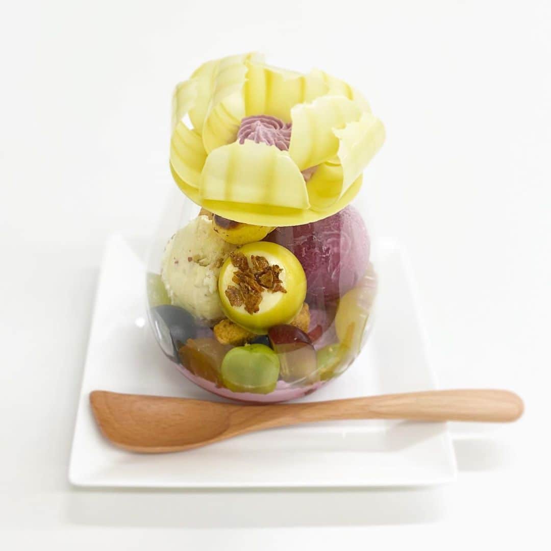 市川歩美のインスタグラム：「パスカル・ル・ガック東京の花ひらくパフェ『パフェフルーリーレザン』です🍇  15種類もの国産ぶどうが入っていてすごい！お花はピスタチオ風味のホワイトチョコレート。  あまりにも美味しくて、こわい、、いただいてクラクラしました🍇🍇  #ilovechocolate  #chocolat #chocolatelovers  #chocolate #チョコレート #チョコレート大好き #チョコレート好き #ショコラ #チョコレート好きと繋がりたい #パフェ　#パスカルルガック #パスカルルガック東京 #花ひらくパフェ#ぶどう #ぶどうパフェ」