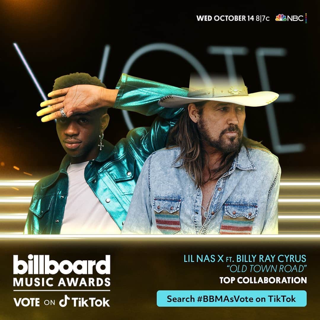 ビリー・レイ・サイラスのインスタグラム：「I’m so excited to be nominated for Top Collaboration at the @bbmas! Just search #BBMAsVote on @tiktok to vote up to 10 times per day! @lilnasx #OTR」