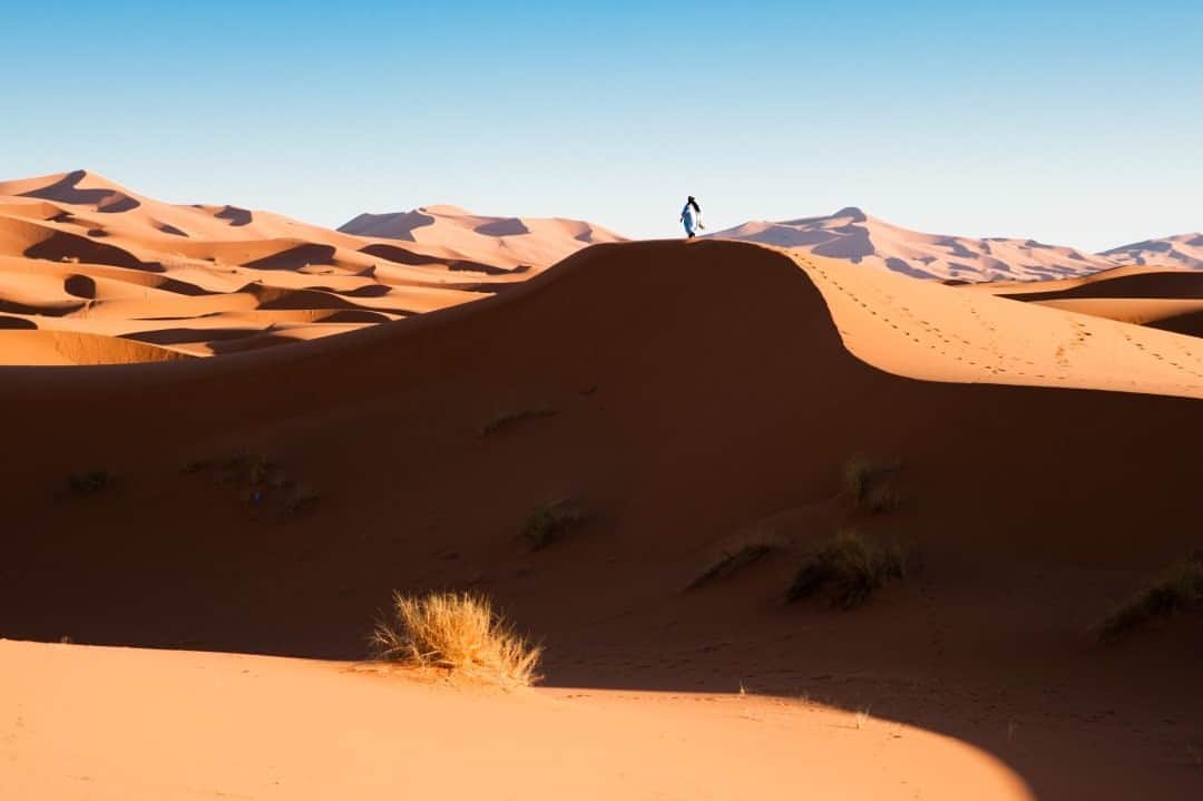 National Geographic Travelさんのインスタグラム写真 - (National Geographic TravelInstagram)「Photo by @MartinEdstrom / A Berber man walks through the dunes of Merzouga. Traveling through this region of Morocco, you spend time at the very edge of the vast Sahara. Continuing east from here would lead you through the desert across the African continent, with nothing but sand on the horizon for weeks on end. Follow @MartinEdstrom for more travel images from around the world. #morocco #sahara #desert #berber #dunes」10月2日 1時06分 - natgeotravel