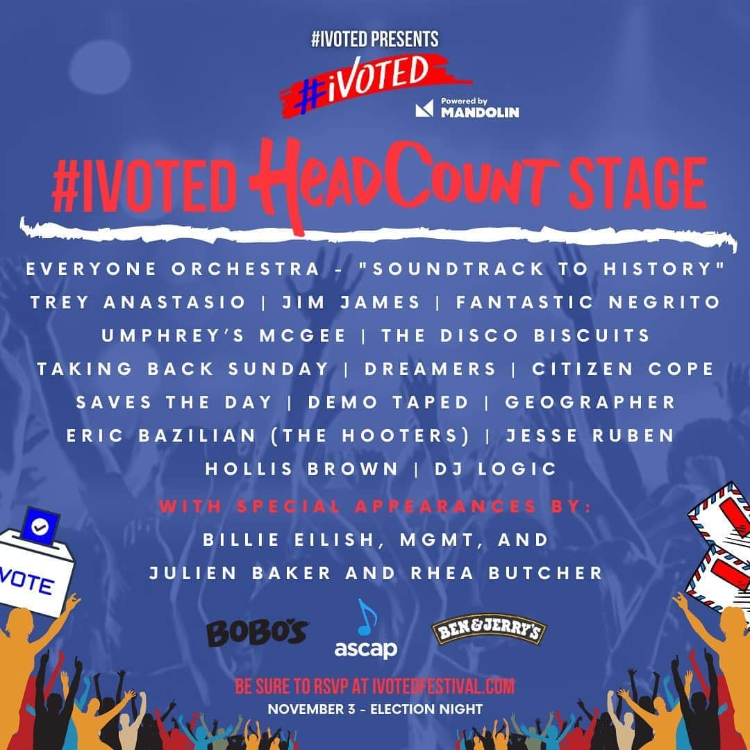 ASCAPさんのインスタグラム写真 - (ASCAPInstagram)「Already voted? Check out the virtual @headcountorg stage at the #iVoted Festival, the largest single-night digital concert in history - happening on #ElectionDay. Featuring an exclusive video message from #ASCAP icon @billieeilish, the #HeadCount lineup also includes performances from ASCAP members @ericbazilian @takingbacksunday @fantasticnegrito and @citizencope just to name a few. RSVP now at the link in our bio. #ASCAPCitizen」10月31日 5時47分 - ascap