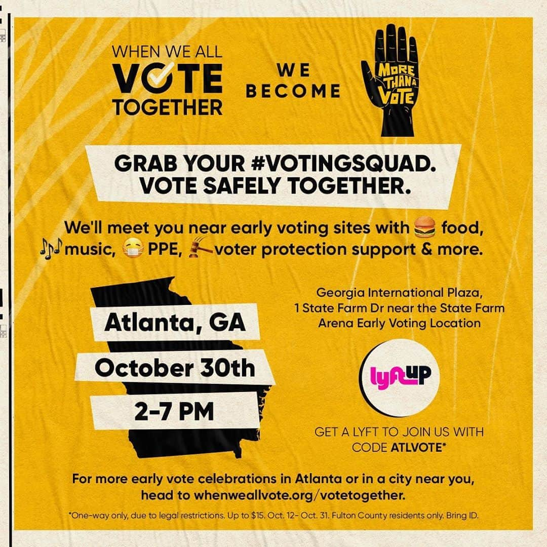 ジャネル・モネイさんのインスタグラム写真 - (ジャネル・モネイInstagram)「📣 The most critical election of our lifetime is here. Stop by the (socially distant, mask on) #VoteTogether celebration with @WhenWeAllVote and @MoreThanAVote on Oct. 30th at the State Farm Arena. COME THROUGH with your #VotingSquad for food, live music, PPE supplies, voter protection support, and more. ‼️ They’re following ALL CDC COVID-19 guidelines, so stop by and make sure your voice is HEARD! RSVP now at weall.vote/atl 🗳」10月31日 6時06分 - janellemonae