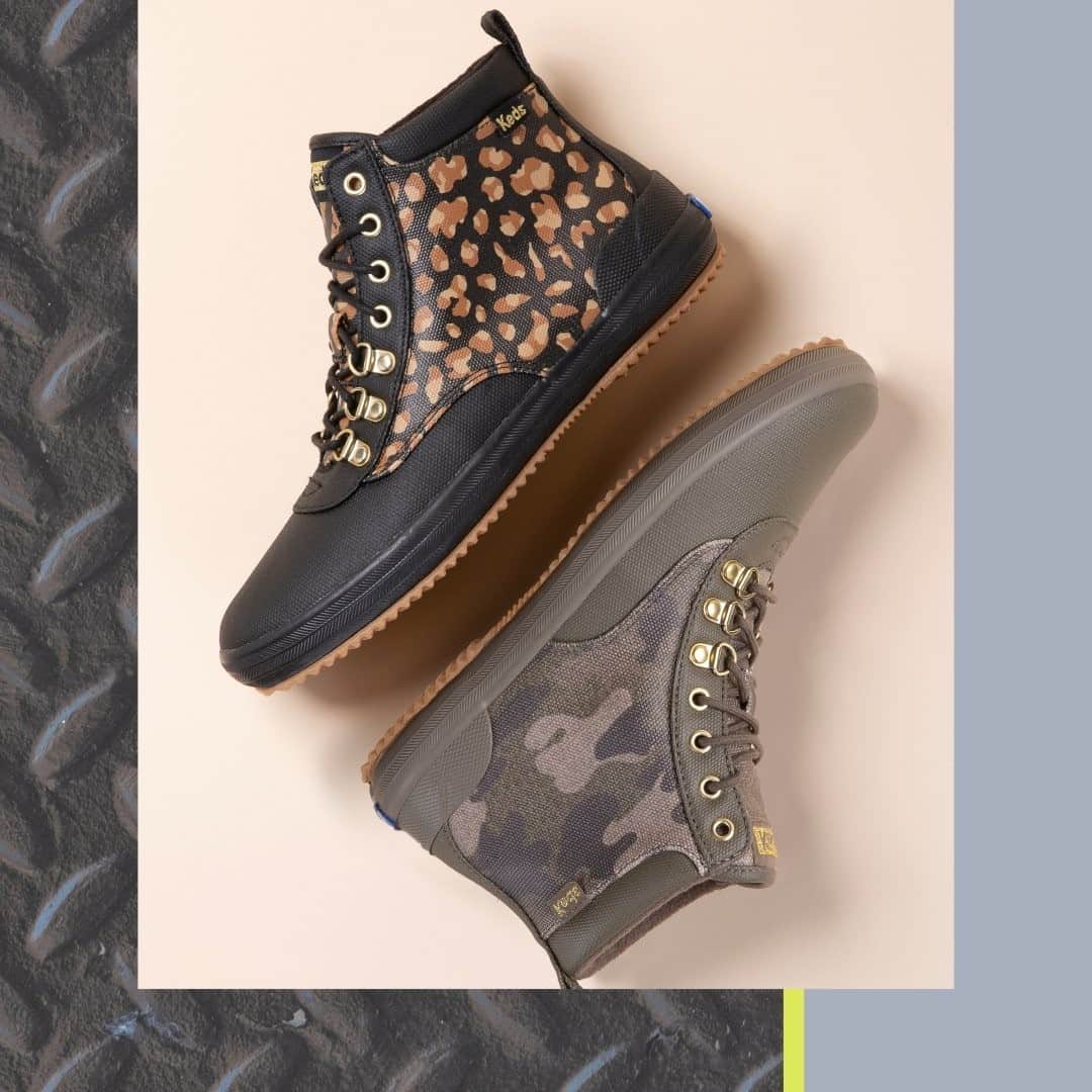 Kedsのインスタグラム：「We can’t take our eyes off the new prints of our crowd favorite splash proof Scout boot. Casual camo or lovable leopard…how does one decide?」