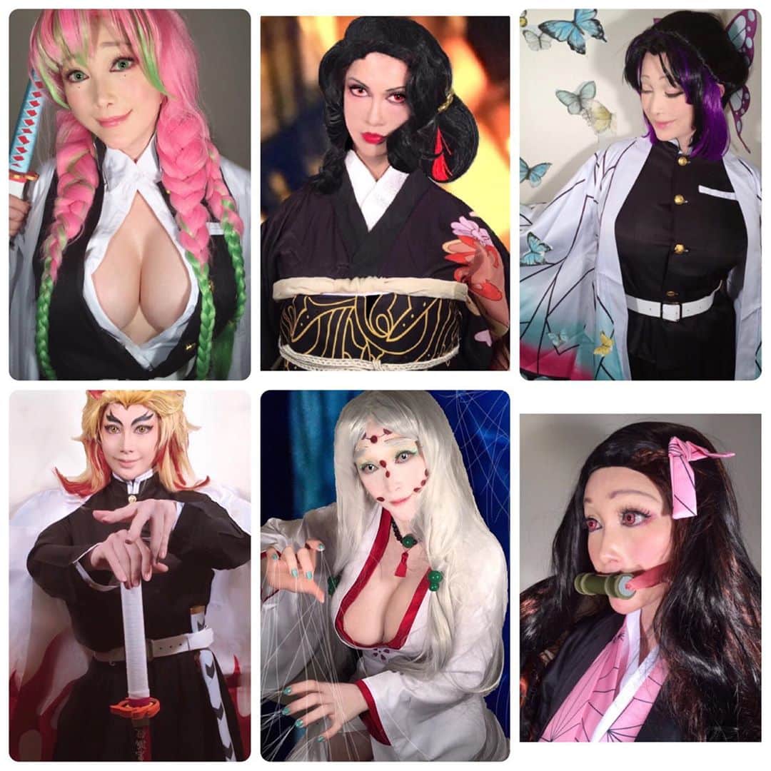 叶姉妹のインスタグラム：「⚜️鬼滅の刃⚜️総集編🌹⚜️ハロウィン特集🎃💜心の癒し💎叶アート・コスプレシリーズ💋✨✨ 私達の愛する大切な皆さん、ごきげんいかがでしょうか🥰💖 さて、⚜️叶アート・コスプレ⚜️ たくさんの皆さんから熱いリクエストの ⚜️鬼滅の刃の総集編⚜️ いろいろといたらないところはおおめにみてくださいね。😋💖 コロナ禍のハロウィン🎃ですね。 私達の愛する大切な皆さんがご一緒に楽しんでいただき少しでもホッと癒されてくだされば とても嬉しいですよ。🌹✨ 💎「世の中が見えない危険にさらされて 急速に変化する不安定な今、 わたくし達の愛する大切な皆さんが どうか 心身ともに健やかに幸せに 過ごされますように 心より願っておりますよ。🌹✨」  #鬼滅の刃　 #累の母蜘蛛　#竈門炭治郎 #我妻善逸  #嘴平伊之助　 #無限列車編　 #煉獄杏寿郎  #甘露寺蜜璃　 #胡蝶しのぶ #禰豆子　 #鬼舞辻無惨　#ハッピーハロウィン #halloween  #amazing #heavenly #バラの香り  #precious  #fabulous #叶姉妹 #ファビュラス  #宇宙   #コミケ #叶 #叶ポージングエクササイズ  #究極生命体 #至福 #幸運 #天使 #女神 #愛するあなたへ」