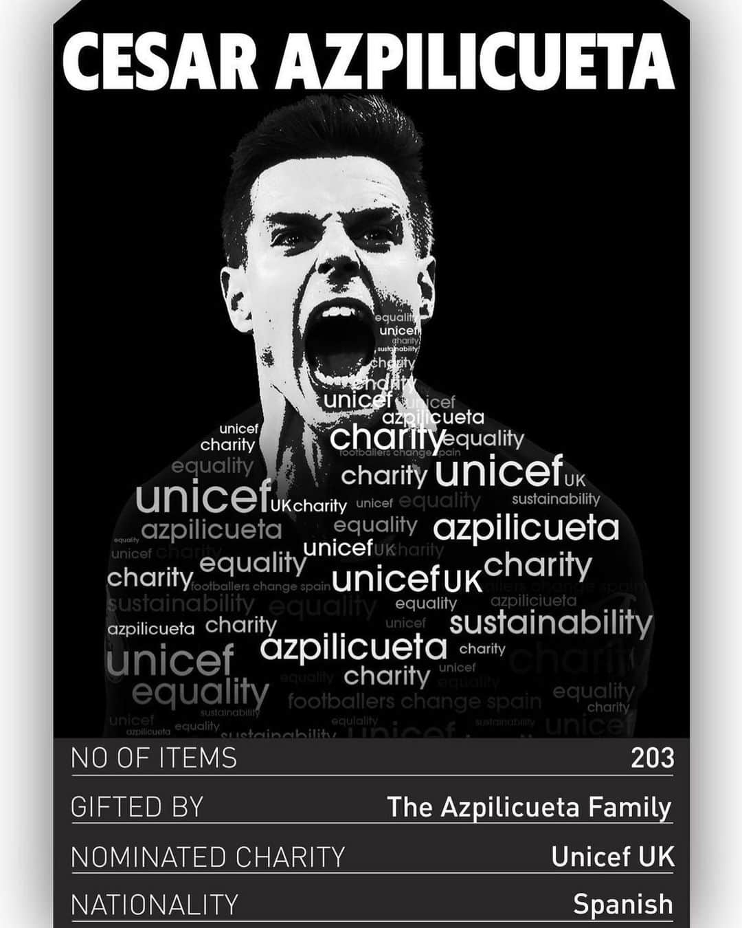 セサル・アスピリクエタのインスタグラム：「I’m proud to announce that @footballers4change has now gone live. They are auctioning off some amazing signed items of mine and also personal pre-loved clothing items in support of charitable causes who need our help now more than ever. Give them a follow and find out how to bid. ⚽️🌍🖤」