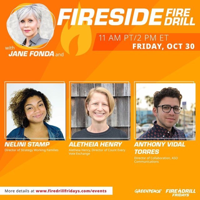 ジェーン・フォンダさんのインスタグラム写真 - (ジェーン・フォンダInstagram)「Repost from @firedrillfriday • TODAY!🔥 On our final Fire Drill Friday before the election, join @JaneFonda, @GreenpeaceUSA, and special guests Nelini Stamp, Alethiea Henry, and Anthony Torres to talk about what is happening in the streets of battleground states, what to expect across the country, and what people can DO to have an impact during these critical, final days. ⠀⠀⠀⠀⠀⠀⠀⠀⠀ RSVP at the link in our bio!」10月31日 0時33分 - janefonda