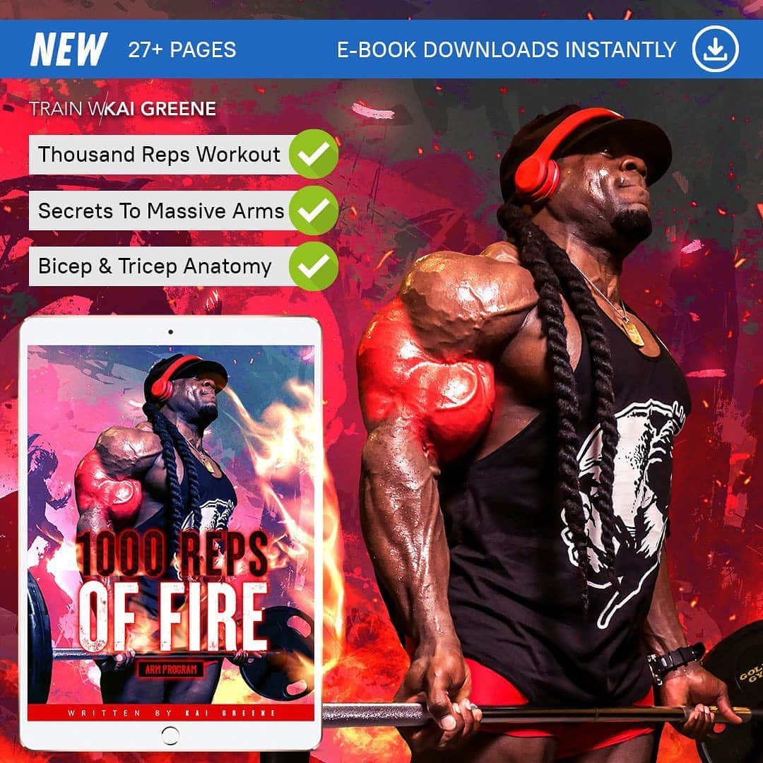 カイ・グリーンのインスタグラム：「‼️1000 REP ARM WORKOUT‼️ 💪🏾Now Available on Trainwithkai.com  At the surface, this may seem like an incredible workout. You can imagine your biceps bulging and triceps throbbing from the otherworldly pump found in this workout’s volume. Understandably, you may believe that therein the main benefit of this workout lies, in muscle growth. This would be wrong. There are infinite ways to grow muscle, many of which are less excruciating than this workout. No, the benefit of this workout is to temper your mind. This will serve as a litmus test to see if you have the intestinal fortitude to overcome whatever obstacles that fate may erect.  I will give you the landscape, the movements, and show you the path. Only you may walk it. Prepare yourself, an arduous journey awaits.  🔥1000 REPS OF FIRE • Thousand Reps Workout • Secrets To Massive Arms • Bicep & Tricep Anatomy • Workouts Explained •  27+ Pages」