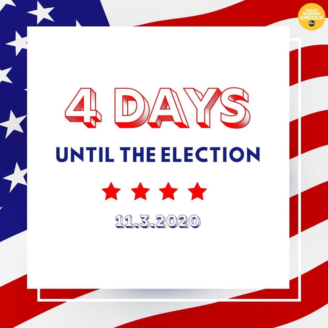 Good Morning Americaさんのインスタグラム写真 - (Good Morning AmericaInstagram)「4️⃣ DAYS UNTIL THE ELECTION! Link in bio for our #Election2020 page for everything you need to know ahead of #ElectionDay. 🇺🇸 #YourVoiceYourVote」10月31日 1時26分 - goodmorningamerica
