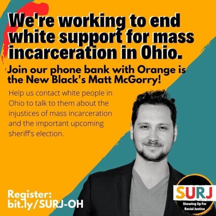 マット・マクゴリーのインスタグラム：「Join me on Nov. 2nd to phone bank white voters in Ohio to ensure they vote for the Sheriff who is favored by incarcerated people and their loved ones. While I do not believe that policing is the solution for society’s problems, it is still important work to reduce harm while we work towards a future of abolition. It's all hands on deck to get more folks in Ohio to vote and positively impact this election beyond the Presidental race! P.S. If you can't make the Nov. 2nd phone bank, you can still help -- phone-banking is open now! Click the link in @showingupforracialjustice’s bio to learn more and register.」