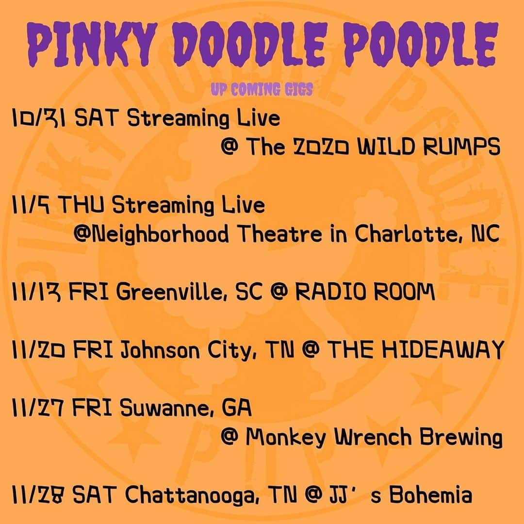 PINKY DOODLE POODLEさんのインスタグラム写真 - (PINKY DOODLE POODLEInstagram)「Live Information Updated!!﻿ ﻿ We got a new LIVE in Chattanooga, TN!﻿ ﻿ For now, we have 2 Streaming gigs and 4 gigs at the venue.﻿ ﻿ 10/31 Streaming Live @ The 2020 WILD RUMPUS﻿ http://www.wildrumpus.org/﻿ 11/5 Streaming Live @ Neighborhood Theatre﻿ https://www.neighborhoodtheatre.com/﻿ 11/13  Greenville, SC @ RADIO ROOM﻿ 11/20  Johnson City, TN @ THE HIDEAWAY﻿ 11/27  Swanee, GA @ Monkey Wrench Brewing﻿ 11/28 Chattanooga, TN @ JJ’s Bohemia ﻿ ﻿ Come on!!」10月31日 2時16分 - pinkydoodlepoodle