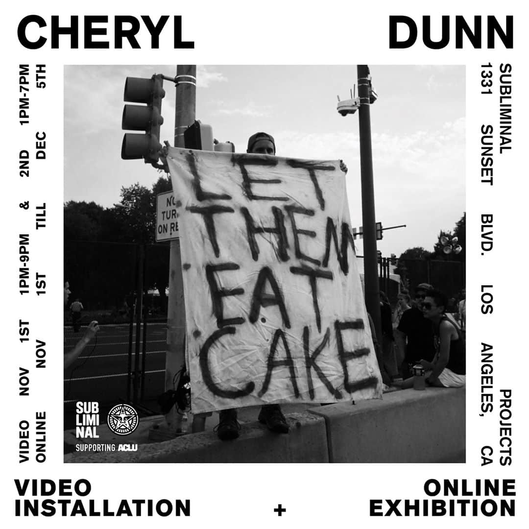 のインスタグラム：「I’m excited to announce @SubliminalProjects presenting #LETTHEMEATCAKE, a two-day public video installation and four-week online exhibition by @cheryldunn.⁠ ⁠ Cheryl Dunn has documented protests and captured citizens exercising their constitutional rights for 30 years. ⁠ #LETTHEMEATCAKE is an arching photo and video survey of American political climate from the perspective of the people in the streets on view digitally Nov. 1 at 10 am PDT on subliminalprojects.com (link in bio). ⁠ ⁠ From Nov. 1st, 1-9 pm PDT through Nov. 2nd, 1-7 pm PDT, Subliminal Projects will host an outdoor video installation located behind the gallery in the lot on Vin Scully Boulevard in Echo Park. The installation showcases exhibition works and never-before-seen footage by Dunn.⁠ ⁠ Before you visit, please note:⁠ - ALL VISITORS MUST BE RESPECTFUL OF SOCIAL DISTANCING GUIDELINES AND WEAR A MASK OR FACE COVERING. ⁠ - THIS IS A WALK-UP, LIMITED TIME EVENT. NO CROWDS, LIMITED CAPACITY.⁠ ⁠ 25% of art sales will go to @aclu_nationwide to support their mission to realizing the promise of the Constitution for all and expanding the reach of its guarantees. #ElectionDay is only a few days away, get out and VOTE!⁠ -Shepard⁠ ⁠ #subliminalprojects #cheryldunn #losangeles #echopark #vote #election2020」