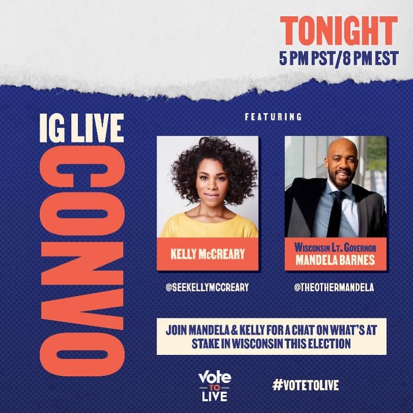 Kelly McCrearyさんのインスタグラム写真 - (Kelly McCrearyInstagram)「Tonight! I’m so excited to have a conversation with my fellow Milwaukeean, @theothermandela, aka Mandela Barnes, aka the Lt. Governor of WI! Despite having grown up mere miles from one another and right around the same time, we’ve never we met! I’m excited to get to know him a bit, find out if we might be family, AND OF COURSE, discuss some of the issues facing WI right now. Come through!」10月31日 5時11分 - seekellymccreary