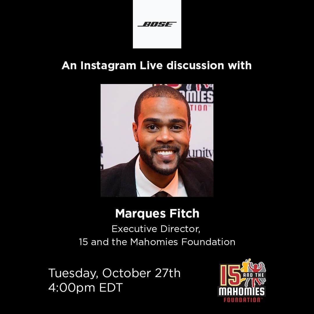 BOSEさんのインスタグラム写真 - (BOSEInstagram)「Join us right here on IG Live this Tuesday at 4 PM EDT as we talk to Marques Fitch, Executive Director, @15andmahomies Foundation. Excited to #ListenAndLearn about how @PatrickMahomes’ Foundation supports initiatives focused on improving the lives of children and communities in need.」10月27日 1時00分 - bose