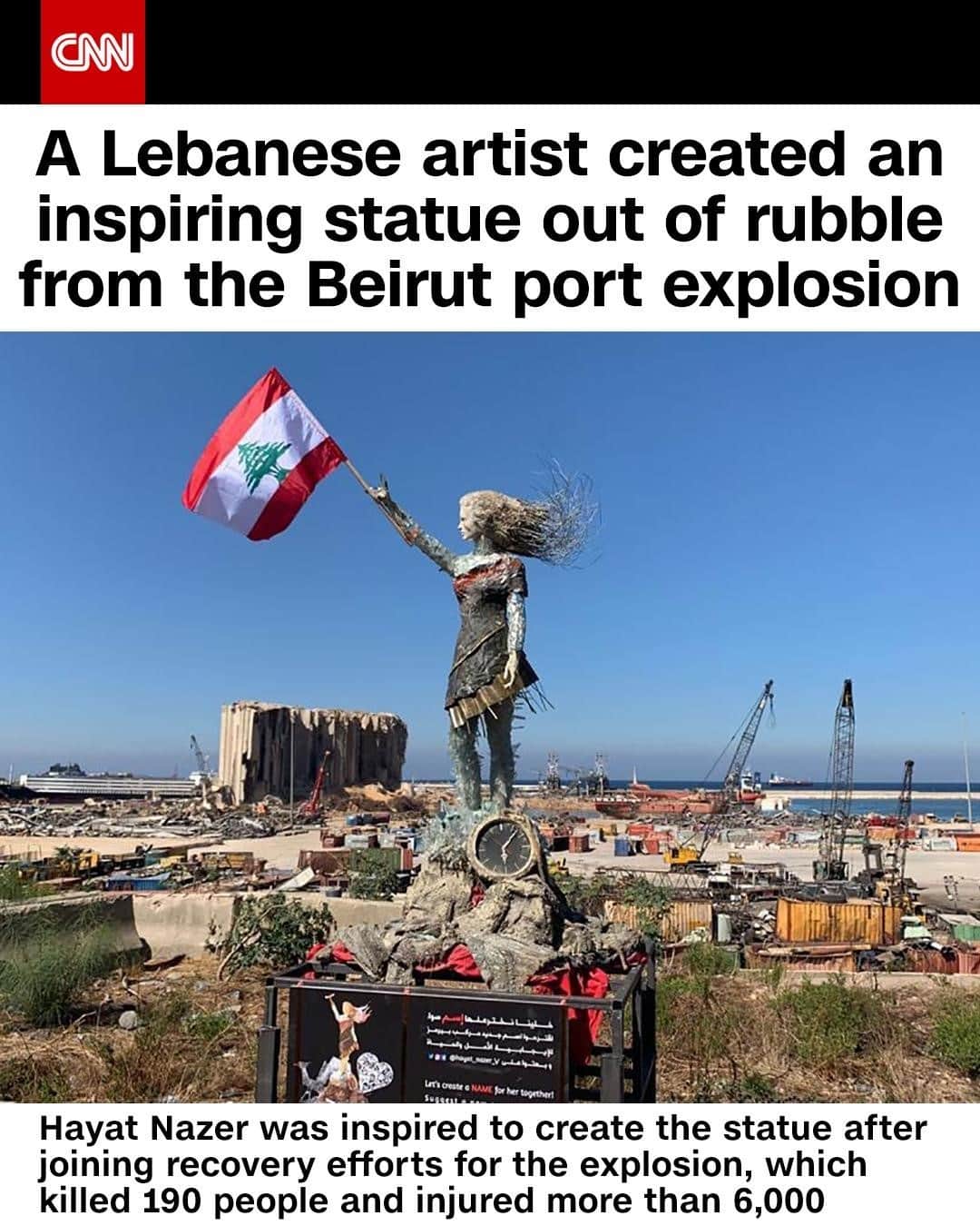 CNNさんのインスタグラム写真 - (CNNInstagram)「Artist Hayat Nazer was on her way to Beirut on August 4 when a massive stockpile of ammonium nitrite exploded at the port, killing 190 people, injuring more than 6,000 and leaving over 300,000 displaced from their homes. While helping to clean debris and restore the city, Nazer got the idea to create a statue. She spent weeks gathering debris and discarded belongings to build the sculpture. The final piece, which is still unnamed, depicts a woman raising Lebanon’s flag and contains a damaged clock stuck at 6:08 — the moment of the explosion. Tap the link in our bio to learn more about Nazer and the statue. ⁠ (📸: Hayat Nazer)」10月27日 2時03分 - cnn