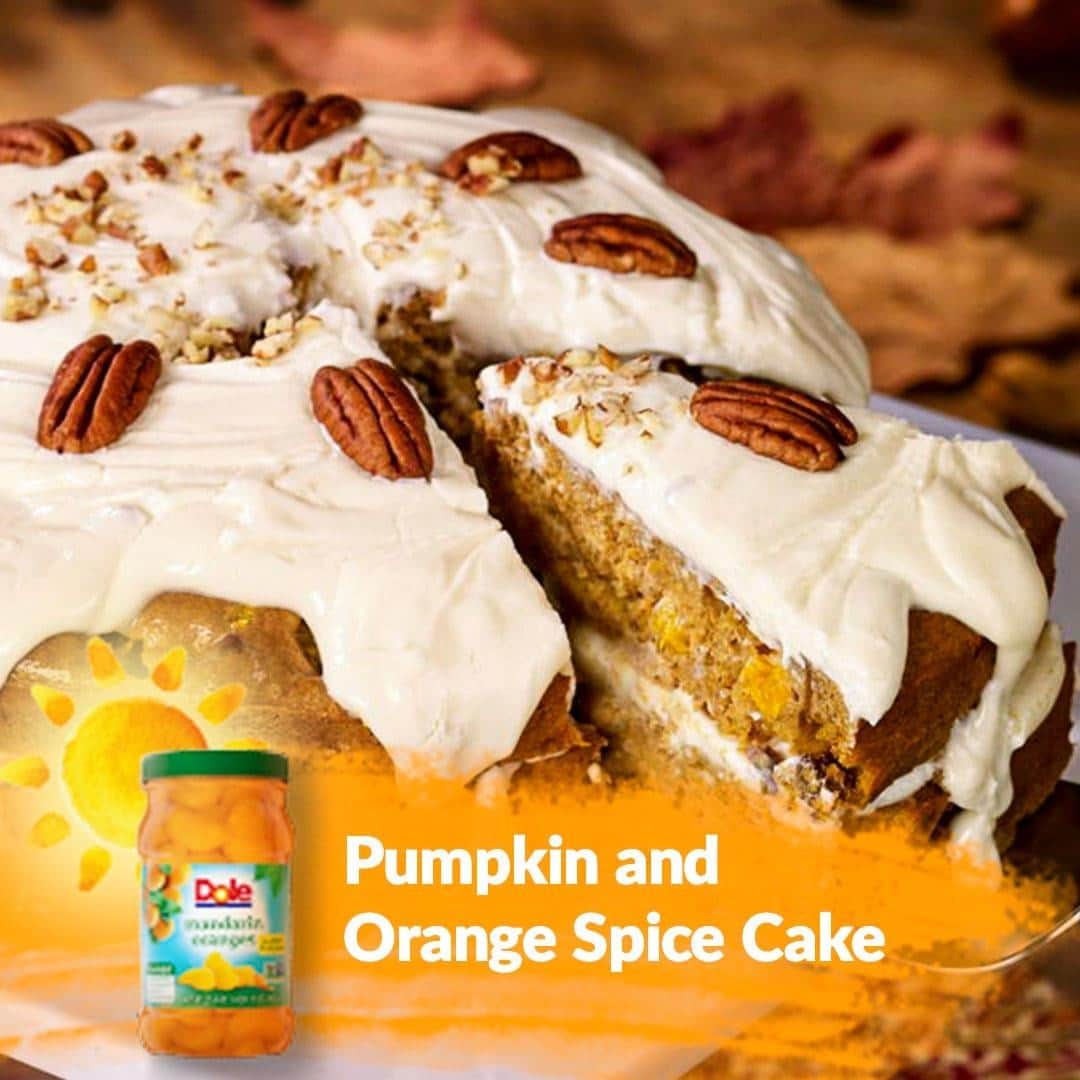 Dole Packaged Foods（ドール）のインスタグラム：「It wouldn’t be #NationalPumpkinDay without a little spice. 🎃 Celebrate with some Pumpkin Spice Cake!   • 1 can (15 oz.) DOLE® Mandarin Oranges, drained, reserve syrup • 1 pkg. (2 layer) spice cake mix • 2 eggs • 1/4 cup water • 1 cup canned pumpkin • 1 cup chopped pecans, divided • 1 canister prepared cream cheese frosting  1. Preheat oven to 350°F.  Spray two (9-inch) cake pans with cooking spray and line bottoms with parchment or wax paper. 2. Roughly chop mandarin oranges; set aside. 3. Combine cake mix, eggs, reserved juice, water, and pumpkin in large bowl.  4. Mix with hand mixer for 2 minutes.  Fold in ¾ cup pecans and mandarin oranges. 5. Pour batter into prepared cake pans. Bake 25 minutes or until toothpick inserted in center comes out clean. 6. Cool in pan 10 minutes.  Remove from pan onto wire rack; cool completely. 7. Spoon cream cheese frosting into microwave-safe bowl, microwave on HIGH for 20 seconds, or until frosting is softened to pourable consistency. 8. Pour half of the frosting on to the first layer of cake.  Place second cake layer on top and pour the remaining frosting on top.Garnish with remaining pecans.」