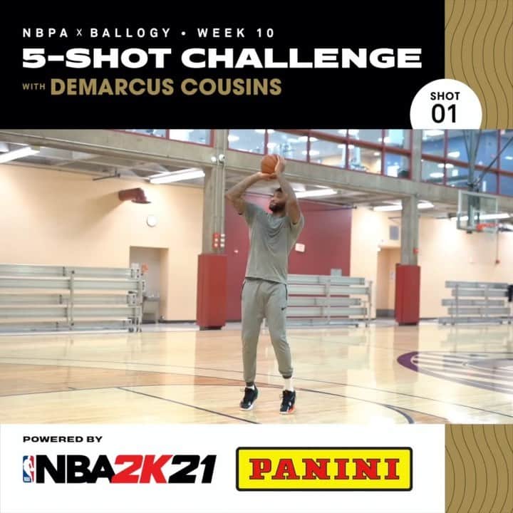 デマーカス・カズンズのインスタグラム：「Check out my first shot to kick off the @thenbpa x @ballogy 5-Shot Challenge powered but @paniniamerica and @nba2k! Match me shot for shot on the Ballogy App!  o How to play:   1.  Download the Ballogy app for free on iPhone or Android 2.  Record yourself making shots! The remaining 4 shots will be posted this week  3.  Join and post your videos within the official NBPA group on the Ballogy app    You can check out the full details & rules within the NBPA group on Ballogy. Good luck! #NBPAxBallogy #NBPATrainWithUs   Official Rules: https://www.ballogy.com/5-shot-challenge/」