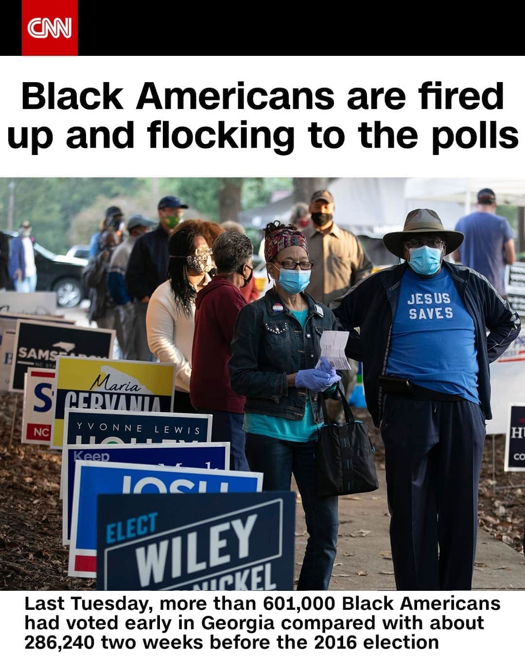 CNNさんのインスタグラム写真 - (CNNInstagram)「So far this fall, Black voters are rushing to the polls at much higher rates than they did four years ago when Hillary Clinton was on the ballot. Black voters told CNN they're worried about racial injustice and police brutality, feel devalued by a President who has hesitated to condemn White supremacy and fear losing health benefits if the Supreme Court overturns the Affordable Care Act. Gallup polling over the summer found that 87% of Black Americans disapproved of his job as President.⁣⁠ ⁣⁠ "This election is more important than the 2008 one for Barack Obama. That 2008 one was for change and making history. This election is for saving the US," Dave Richards said, citing concerns about racial justice and suppression of Black voters. Richards waited three hours to vote in Georgia. "The racial divide that is going on, we need someone who is going to be a leader for everyone, not just their base."⁣⁠ (📸: Robert Willett/The News & Observer/AP)⁣」10月27日 4時30分 - cnn