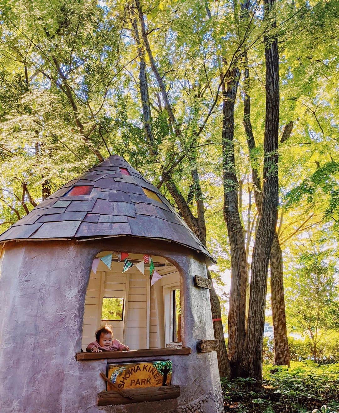 来夏のインスタグラム：「#🌳 小屋からハロー👋🏼👶🏻 👨🏻が影から黒衣してます🤣 今年もあと2ヶ月なんて〜早すぎる💨 #生後10ヶ月 #babygirl  #秋 #昭和記念公園 #pixel5」