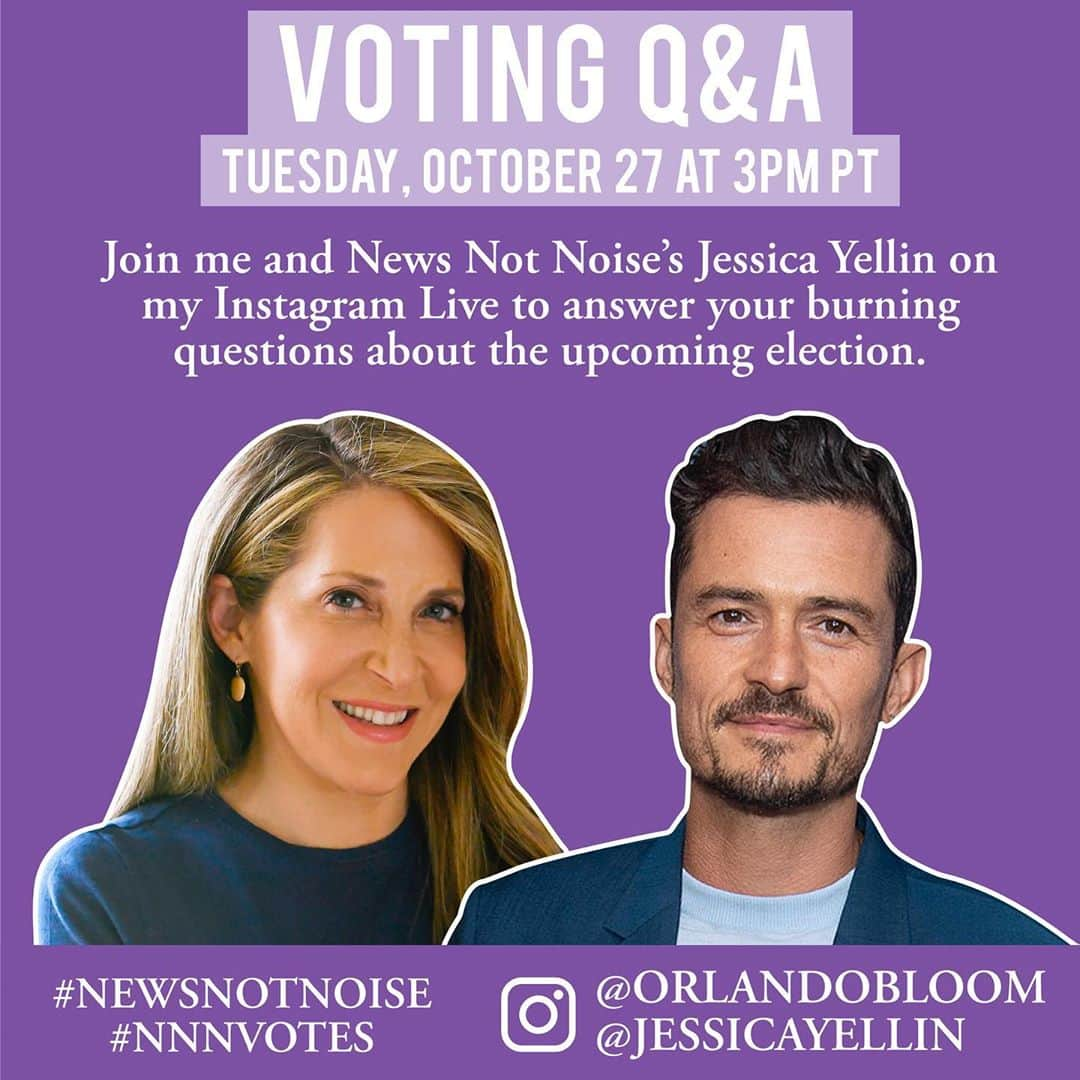 オーランド・ブルームさんのインスタグラム写真 - (オーランド・ブルームInstagram)「Hey everyone in the 🇺🇸 ! Tomorrow I’m going live to ask your questions about voting to @jessicayellin. 3pmPT/6pmET. I’m looking forward to reading everything you are sending 🙏🏻 #vote #NewsNotNoise」10月27日 5時08分 - orlandobloom