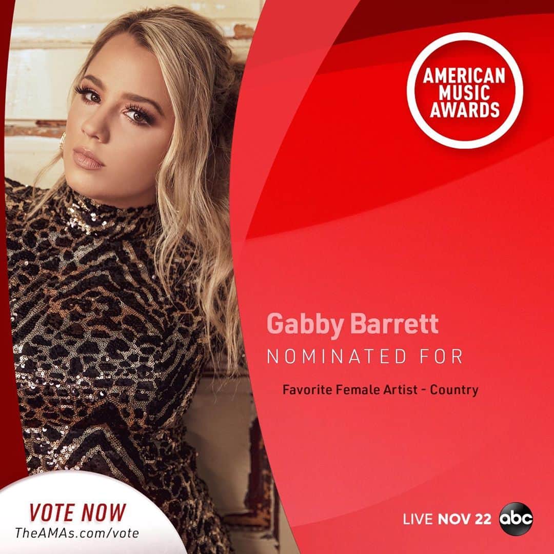 ギャビー・バレットのインスタグラム：「ARE YOU KIDDING ME!!! I’m so excited to be nominated for the 2020 @AMAs! Good NEWSSS :) This award is FAN-VOTED, so y’all have a say! SWIPE UP on my Instagram story! You can vote up to 10x/day!! Y’all are the BEST FANS EVER. Let’s do thisss! #AMAs ❤️」