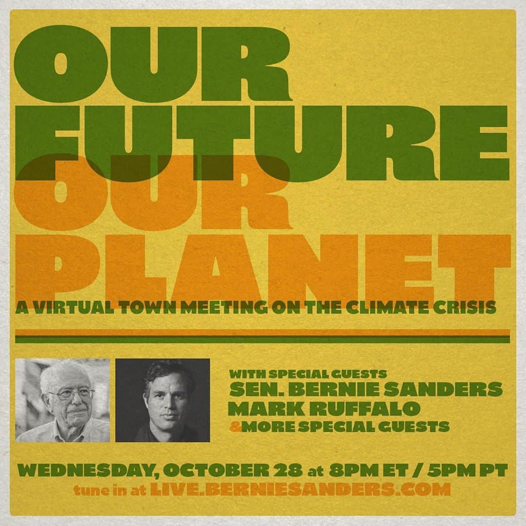 バーニー・サンダースさんのインスタグラム写真 - (バーニー・サンダースInstagram)「This election is not just about the future of our country – it is about the future of our planet. Join me and @markruffalo this Wednesday for a virtual town meeting on the climate crisis. Tune in at 8 pm ET at live.berniesanders.com.」10月27日 6時01分 - berniesanders