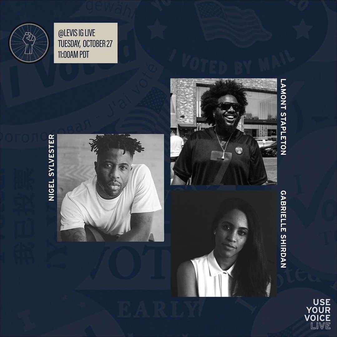 のインスタグラム：「USE YOUR VOICE LIVE, tomorrow, October 27 at 11am PDT. Tune in for a chat between Nigel Sylvester, Professional BMX Athlete & Filmmaker, Lamont “Tory” Stapleton, Community Activist / Cultural Curator / Co-Founder of Bike Rides For Black Lives and Gabrielle Shirdan, VP Creative Director.」