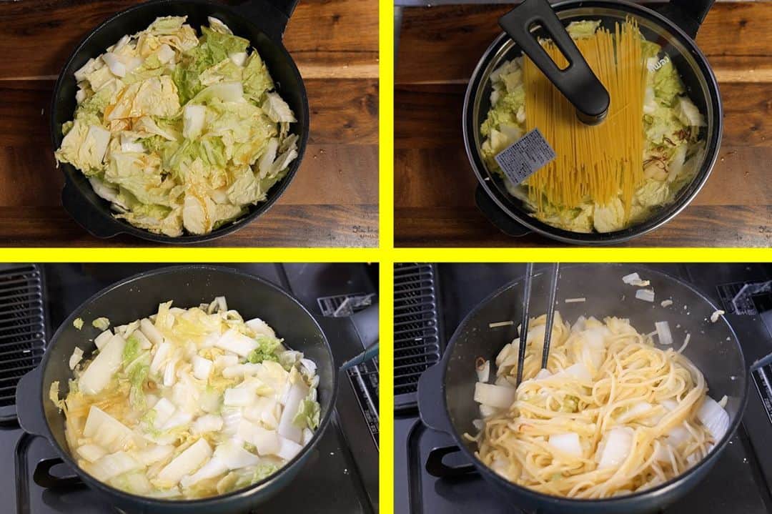 かっちゃんねるさんのインスタグラム写真 - (かっちゃんねるInstagram)「白菜だけで驚くほど旨い😋🥬✨﻿ ﻿ 「白菜パスタ」﻿ ﻿ ・白菜　　　　　　　　　　　　３００ｇ﻿ ・塩　　　　　　　　　　　　　小さじ１／４﻿ ﻿ ☆料理酒　　　　　　　　　　　大さじ２﻿ ☆白だし　　　　　　　　　　　大さじ１﻿ ☆ごま油　　　　　　　　　　　大さじ１﻿ ☆水　　　　　　　　　　　　　１００ｍｌ﻿ ﻿ ・乾燥パスタ　　　　　　　　　８０ｇ﻿ ・すりおろしにんにく　　　　　小さじ１﻿ ・輪切り唐辛子　　　　　　　　少々﻿ ・いりごま　　　　　　　　　　少々﻿ ﻿ ※水の量は白菜から出た水分によって、足りない場合は調節して足して下さい。﻿ ﻿ ◎白菜を１〜１．５ｃｍ幅にざく切りし、フライパンに白菜を入れる。﻿ ﻿ →塩を入れて全体に馴染ませたら☆を入れて、すりおろしにんにく・輪切り唐辛子・パスタを半分に折って白菜の上にのせて蓋をする。﻿ ﻿ →中火〜強めの中火で４分ほど加熱し、白菜の水分が出てきたらパスタを下に入れるような感じで全体を混ぜ合わせる。﻿ ﻿ →蓋をして弱めの中火で規定の茹で時間、加熱する。（途中で水分が少なくなった場合は水を調節しながら足して下さい）﻿ ﻿ →水分が残っている場合は強火で加熱して水分を飛ばし、お皿に盛り付けていりごまをちらす。﻿ ﻿ 具材は白菜だけ！少量の水で、白菜の水分がパスタにグッと染み込んだ美味しいレシピです☺️✨﻿ ﻿ 白だしの味付けで、和風ペペロンチーノみたいな感じです🍝👍﻿ ﻿ フライパンひとつで簡単に作れるので、是非作ってみてくださいね✌﻿ ﻿ #白菜 #パスタ #pasta #大量消費 #スパゲティ #料理 #レシピ #簡単レシピ #おうちごはん #かっちゃんねる #かつ活」10月27日 12時00分 - kattyan1011