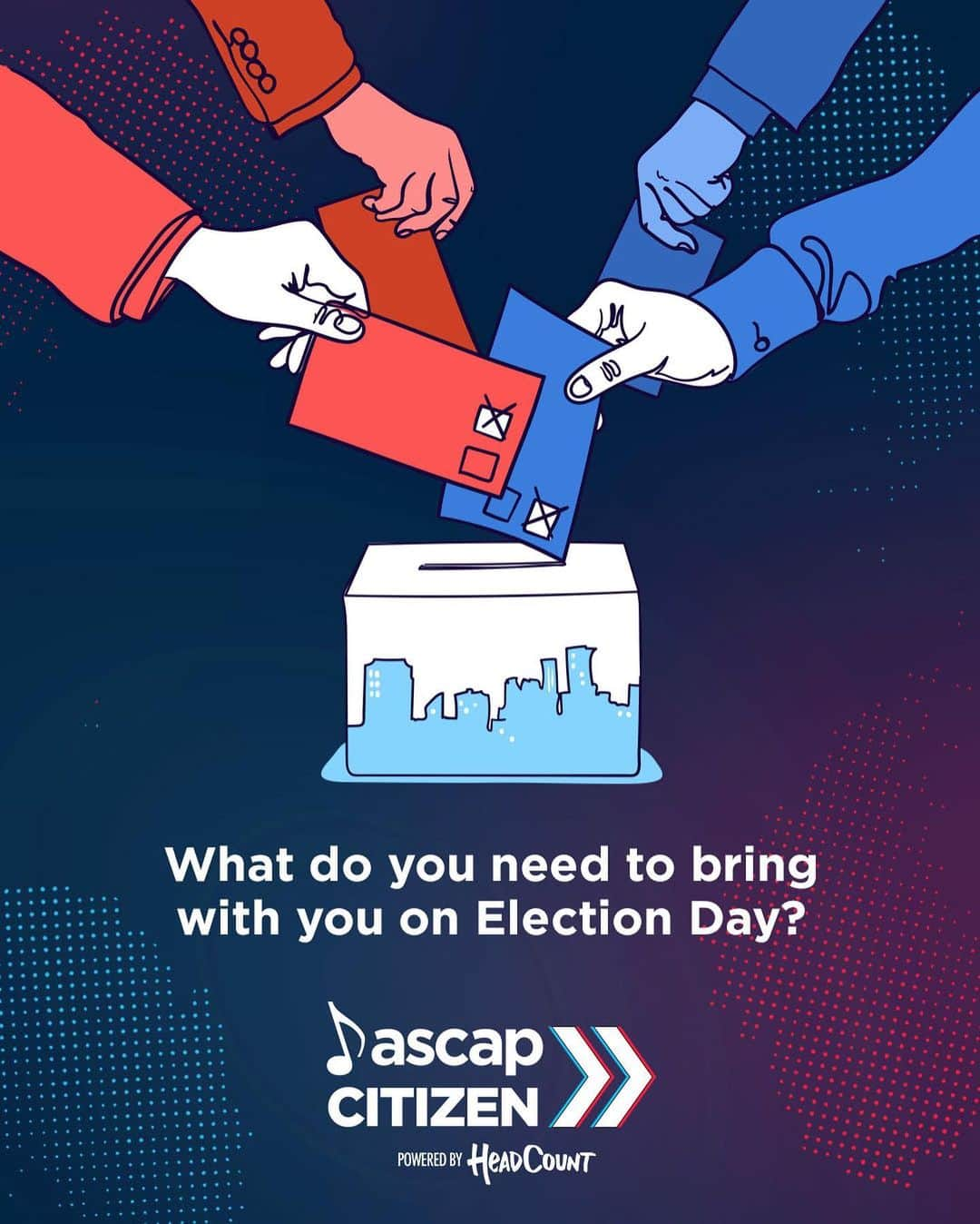 ASCAPさんのインスタグラム写真 - (ASCAPInstagram)「We are ONE WEEK away from Election Day. Are you #VoteReady? Check your registration status, look up your polling place, and make sure you have the correct ID to bring to the polls. Already voted? Make sure your friends vote too! #MakeYourVoteCount this election with #ASCAPCitizen x @headcountorg at the link in our bio.」10月28日 3時35分 - ascap