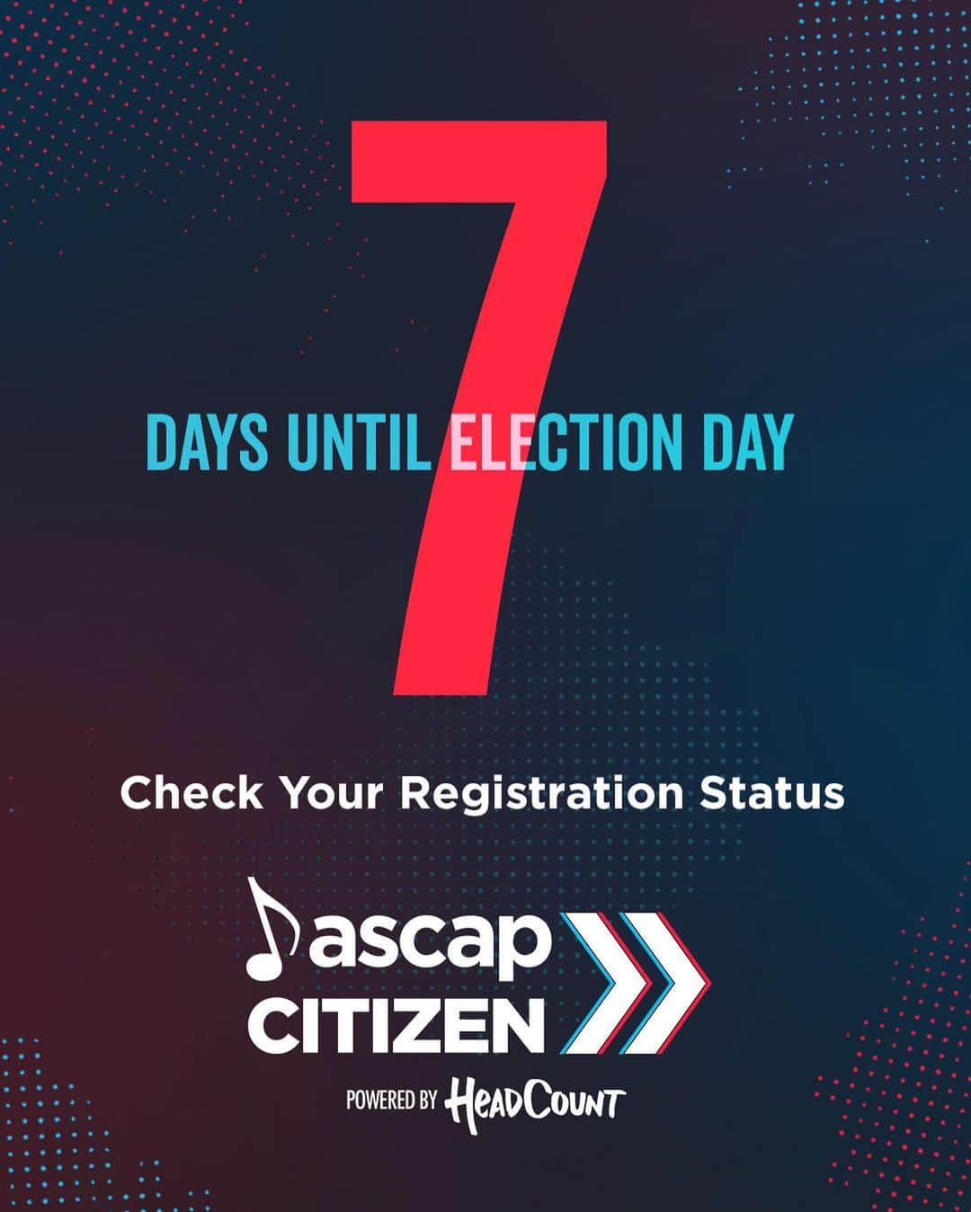 ASCAPさんのインスタグラム写真 - (ASCAPInstagram)「We are ONE WEEK away from Election Day. Are you #VoteReady? Check your registration status, look up your polling place, and make sure you have the correct ID to bring to the polls. Already voted? Make sure your friends vote too! #MakeYourVoteCount this election with #ASCAPCitizen x @headcountorg at the link in our bio.」10月28日 3時35分 - ascap
