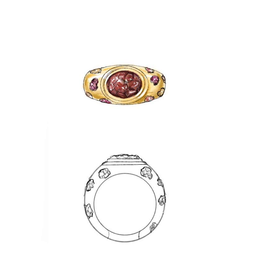 ベックスロックスのインスタグラム：「#bespokeitlikeyoumeanit 💫✨ ⠀⠀⠀⠀⠀⠀⠀⠀⠀ A hand drawn illustration of a Burmese Pyu period inspired ring in 18k gold with responsibly sourced garnet and spinels raw stones.  Raw stones are known to vibrate at a higher frequency as they are pure and have acquired less human energy giving you stronger healing properties.  ⠀⠀⠀⠀⠀⠀⠀⠀⠀ For more info on bespoke designs and healing stones DM or email rebecca@rebeccamanners.com  @rebeccamannersbespoke  ⠀⠀⠀⠀⠀⠀⠀⠀⠀ #Bespokejewels #sustainableluxury #handmadeinmyanmar #finejewellery #ancientjewelry #jewellerydesign  #illustration」