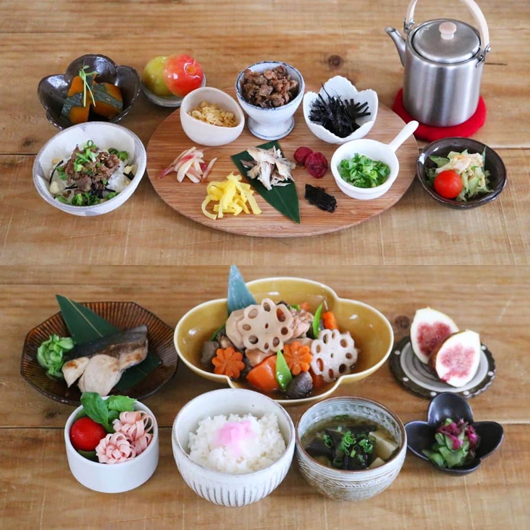 yunaのインスタグラム：「♩ . #まとめて投稿 #ひとりごはん . . 🍚だし茶漬け かぼちゃの煮物 きゅうりとささみのごま和え フルーツ . . 🍚がめ煮 ぶりの塩焼き ハムサラダ きゅうりとしば漬け和え お味噌汁 いちじく . . #yunaご飯#igersjq#今日のごはん#食卓#献立#yummy#ていねいな暮らし#お家ごはん#器#foodstagram#lin_stagrammer#delistagrammer#Japanesefood#デリスタグラマー#クッキングラム#クッキングラムアンバサダー#タベリー#フーディーテーブル#てづくりごはん365#おうちごはん#おうちごはんlover#Japan#マカロニメイト#夜ごはん#晩ごはん#小石原焼#翁明窯元#上鶴窯」