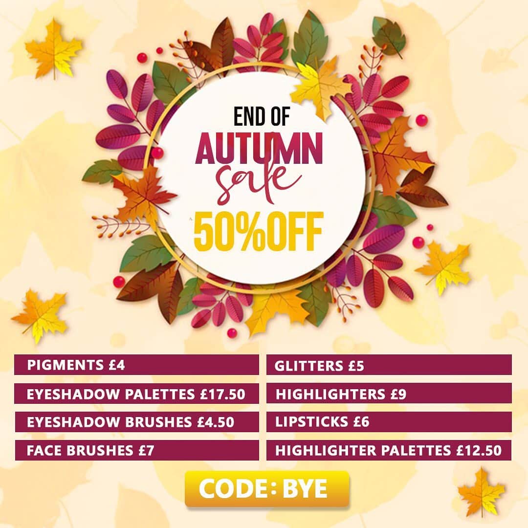 Makeup Addiction Cosmeticsさんのインスタグラム写真 - (Makeup Addiction CosmeticsInstagram)「Have you seen our Autumn sale? The prices are ridiculous! 50% off sitewide using code BYE 👋 . Check photo to see the prices 🔥🔥🔥 #makeupaddictioncosmetics」10月27日 21時36分 - makeupaddictioncosmetics