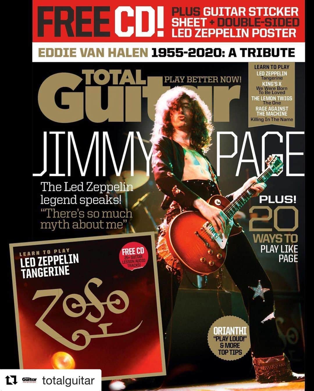 オリアンティさんのインスタグラム写真 - (オリアンティInstagram)「Go check out my new interview with @totalguitar ! #Repost @totalguitar with @get_repost ・・・ New issue out now! This month, we speak to the legendary @jimmypage across a huge 17-page interview about making some of Led Zeppelin’s greatest tracks and his new book, Jimmy Page: The Anthology.  Elsewhere, we speak to @joebonamassa, @johnpetrucciofficial, @iamorianthi and Garba Touré of @songhoyblues, and pay our respects to the late, great @eddievanhalen. There’s new gear tested and rated from the likes of Squier, Taylor, Nobels and Zoom, and songs to be learnt from @rageagainstthemachine, @thelemontwigs, King’s X and of course, @ledzeppelin.  Issue 338 is out now on newsstands and via the link in our bio.」10月28日 2時52分 - iamorianthi