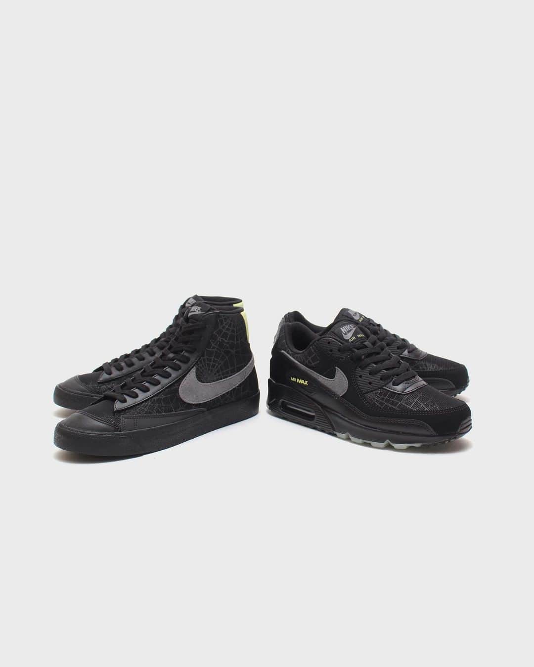 A+Sのインスタグラム：「2020. 10. 31 (sat) in store﻿ ﻿ ■NIKE AIR MAX 90﻿ COLOR : BLACK/SMOKE GREY-LIMELIGHT﻿ SIZE : 26.0cm - 29.0cm﻿ PRICE : ¥15,000 (+TAX)﻿ ﻿ ■NIKE BLAZER MID '77﻿ COLOR : BLACK/SMOKE GREY-LIMELIGHT﻿ SIZE : 26.0cm - 29.0cm﻿ PRICE : ¥11,000 (+TAX)﻿ ﻿ 伝統の不気味な季節にナイキエアマックス90、ナイキブレーザーミッド'77が登場。明かりを消すことでクモの巣がネオンに輝きます。昼夜を問わず全てのイベントで目にする人に衝撃を与えまた伝説となります。﻿ ﻿ Introducing the Nike Air Max 90 and Nike Blazers Mid '77 in the eerie season of tradition. By turning off the light, the spider web shines neon. It will shock and become a legend to those who see it at all events, day and night.﻿ ﻿ #a_and_s﻿ #NIKE﻿ #NIKEAIRMAX﻿ #NIKEAIRMAX90﻿ #NIKEBLAZER﻿ #NIKEBLAZERMID﻿ #NIKEBLAZERMID77﻿ #HALLOWEEN」