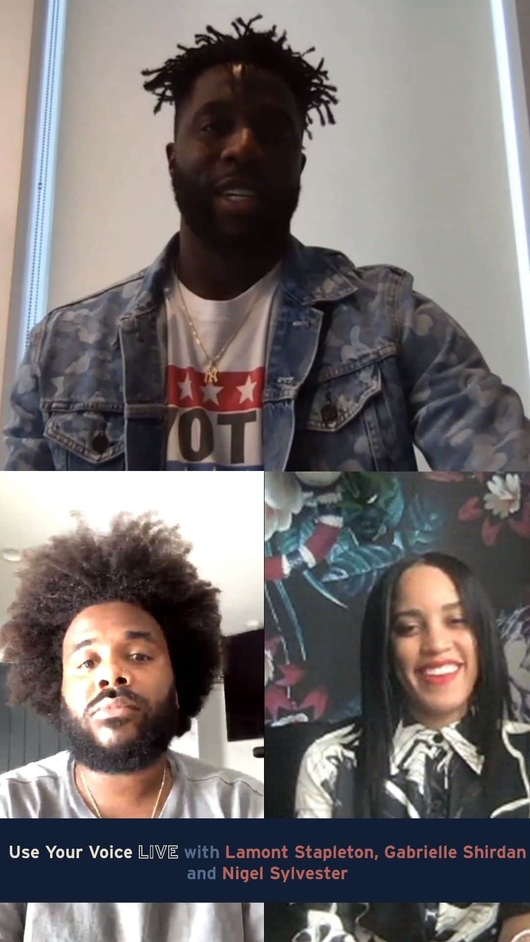 のインスタグラム：「USE YOUR VOICE LIVE with @nigelsylvester, Professional BMX Athlete & Filmmaker, @lamont_tory, Community Activist / Cultural Curator / Co-Founder of @bikeridesforblacklives, and @gabrielleshirdan, VP Creative Director.」