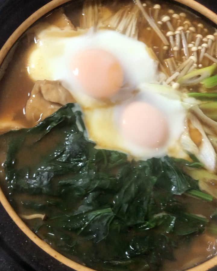 のインスタグラム：「名古屋にもいきたいね。  #味噌煮込みうどん #りなちゃんからのいただきもの #鶏肉　#厚揚げ　#きのこ　#卵　#長ネギ　#ほうれん草　#家にあるもので　#鍋　#食欲の冬」