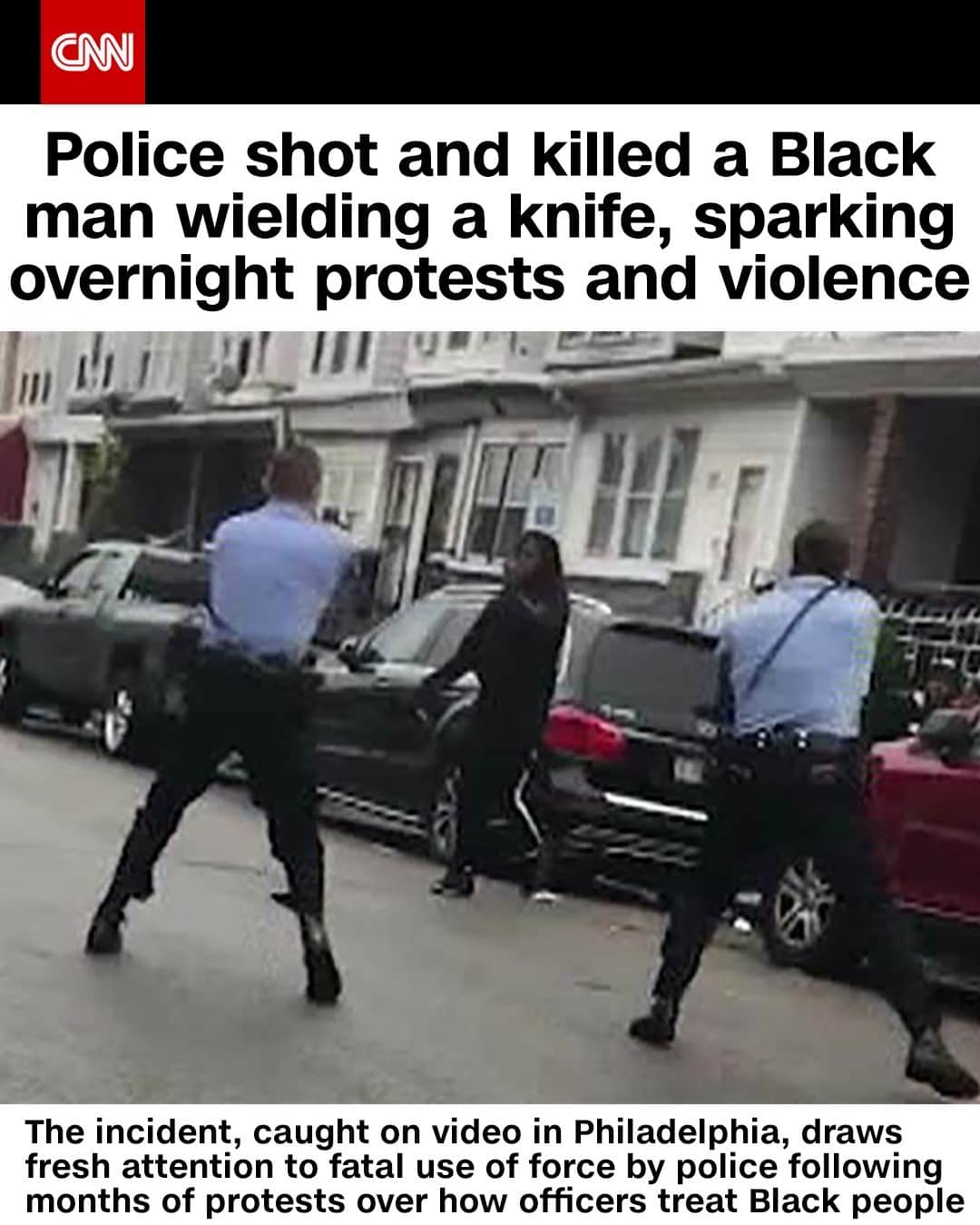 CNNさんのインスタグラム写真 - (CNNInstagram)「Police in Philadelphia shot and killed a Black man waving a knife on the street, plunging the city into protests that resulted in injuries to 30 officers as the police commissioner quickly acknowledged the encounter "raises many questions." Outrage over the shooting set off protests and looting, leading to dozens of arrests and the officers' injuries, most the result of thrown objects. One officer was struck by a pickup and taken to the hospital with a broken leg and other injuries, police said. Businesses were looted, and five police vehicles and one fire vehicle were vandalized, police said. Police Commissioner Danielle Outlaw said 91 people were arrested during the unrest, including 11 on charges of assaulting police and 76 for burglary. The Philadelphia District Attorney's Office is investigating the shooting jointly with the police unit tasked with investigating officer-involved shootings, the agency said. Tap the link in bio for the full story. ⁠ (📸: _liljrizzy/Instagram)」10月28日 7時01分 - cnn