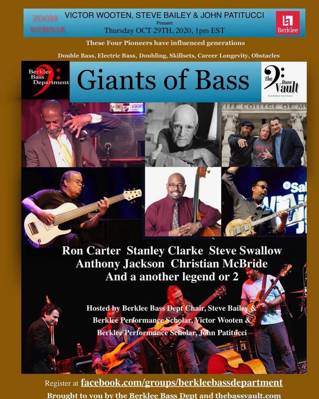 ヴィクター・ウッテンのインスタグラム：「Webinar Thursday 1pm EDT FREE: Ron Carter, Stanley Clarke, Steve Swallow, Christian McBride, Anthony Jackson, and more.  Register below.   https://berklee.zoom.us/webinar/register/WN_oMGrBgdGSLCpi0oFLx7Iqg」