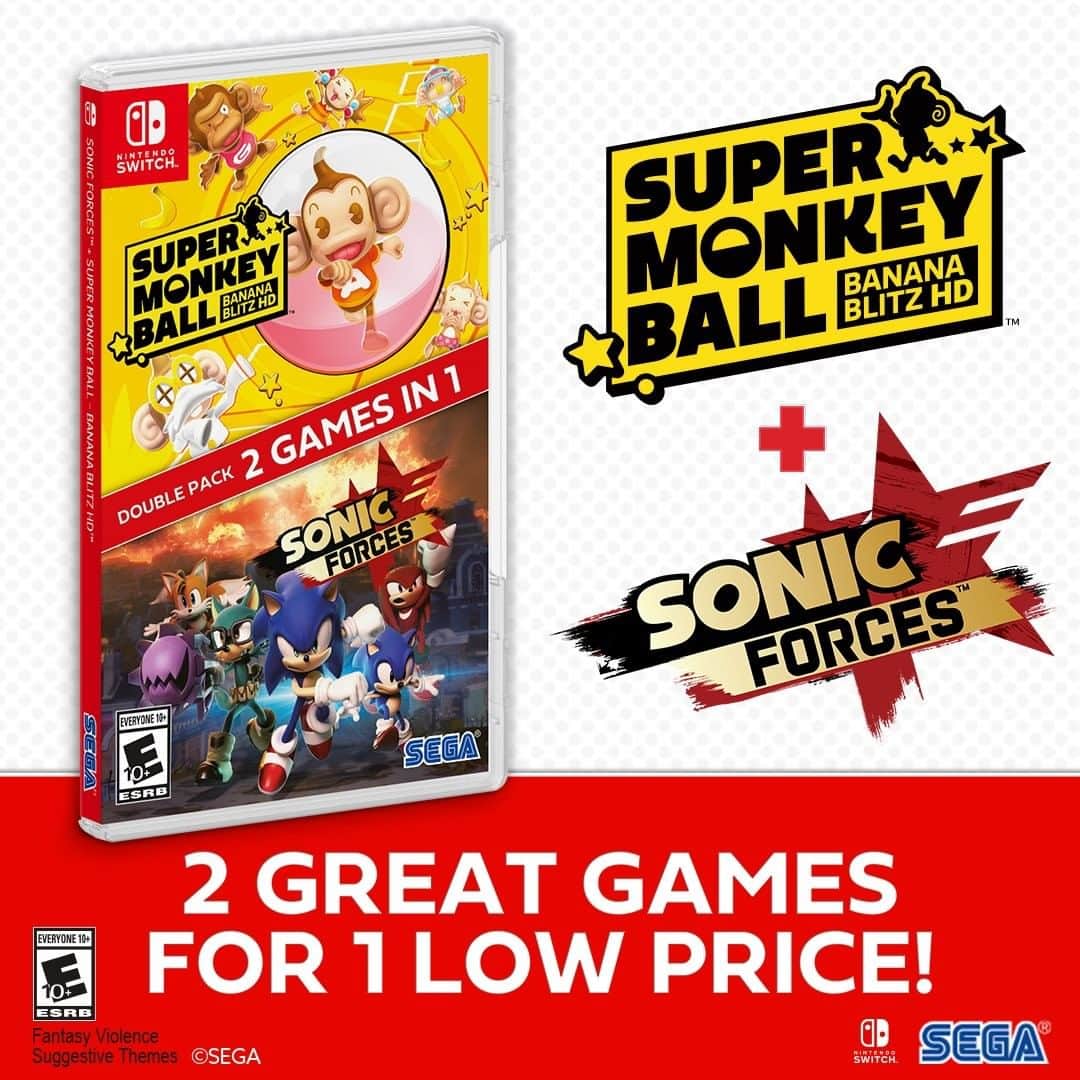 SEGAさんのインスタグラム写真 - (SEGAInstagram)「Two all-new SEGA Double Packs are now available for Nintendo Switch in the US!  🔵💨 Sonic Mania + Team Sonic Racing   🔵🐒 Sonic Forces + Super Monkey Ball: Banana Blitz HD   That’s 2 games on 1 cart per pack, for $39.99 each!」10月28日 8時00分 - sega