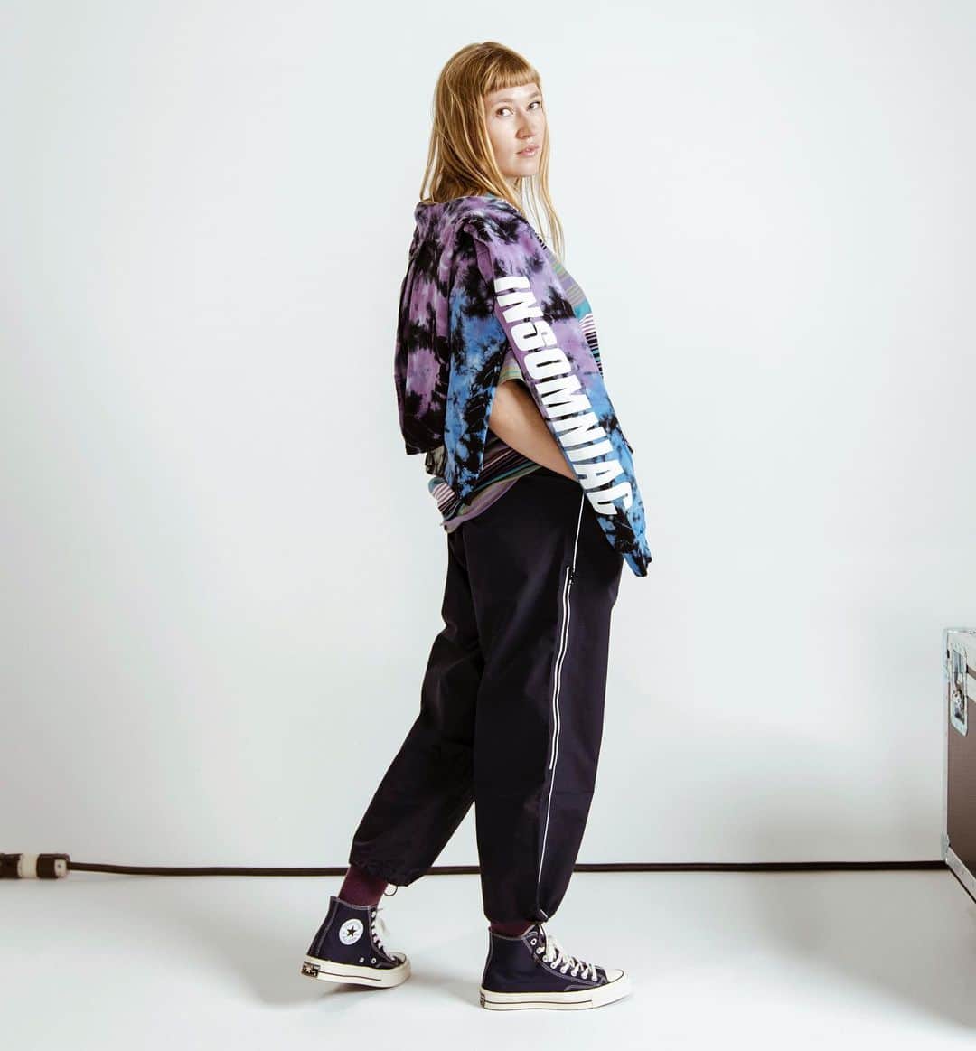 サキャスティックのインスタグラム：「@insomniacltd FALL 2020   Sleeveniac Hoody Blue Mid-weight french terry, pre-shrunk, custom tie dye, front pouch pocket, logo tipped custom drawcords, silkscreen logo down sleeves, made in USA.  Noise Short Sleeve T Shirt Purple Medium weight multicolor yarn dyed striped knit jersey. Raised silkscreen chest print.  Weather Pant Nylon Navy DWR nylon pant with custom drawcord and logo embroidery. Available in Black and Navy. Made in USA」