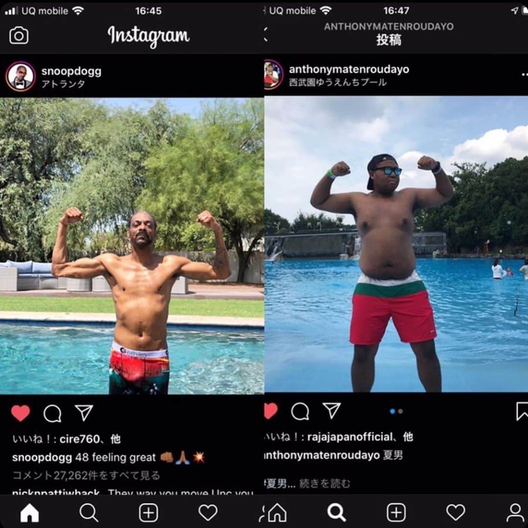 アントニーのインスタグラム：「昔の写真で全くおんなじショットがあったみたい。  #snoopdogg  #スヌープアントニー #snoopanthony」