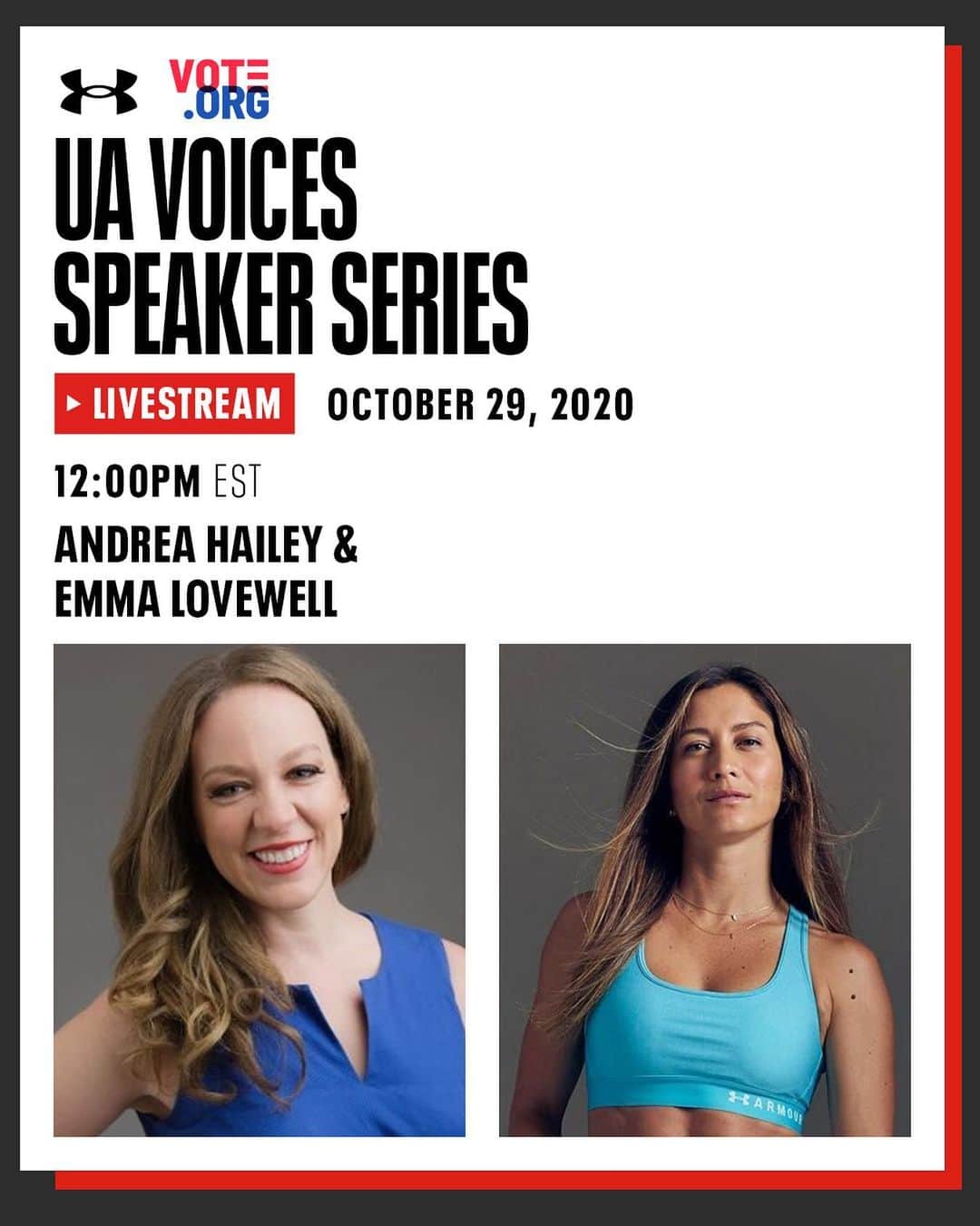 Under Armourさんのインスタグラム写真 - (Under ArmourInstagram)「Join us tomorrow for a new episode of our UA Voices speaker series with UA athlete and Peloton instructor Emma Lovewell (@emmalovewell)  and civil engagement expert and CEO of Vote.org, Andrea Hailey (@votedotorg), to hear about the latest voter trends, voting information, and tools and resources to utilize in the final days before the 2020 election.」10月28日 23時00分 - underarmour