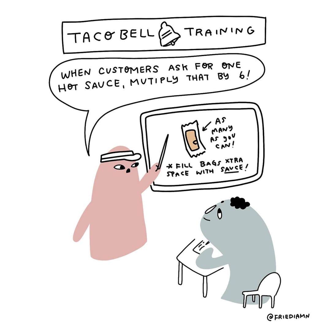 フリーディアのインスタグラム：「They can never just give me ONE packet of hot sauce. Just one... * * こってでのタコベルでは「ホットソース入りますか？」と聞かれて、 「一つだけ」と答えると6つくらいくれるの！タコスは一つしかないから、いつml使い切れないの。。。 #friediamn #illustrations #friedia  #tacobell #tacobellstruggles #hotsauce #mildsauce #justone #justoneplease #toomanyhotsauces」